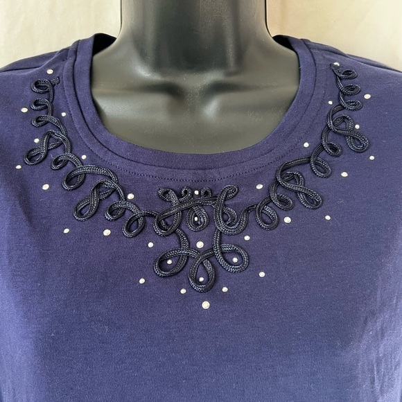 Allison Daley Women's Sz PM Cap Sleeve Embellished 100% Cotton Navy Top - Picture 2 of 4